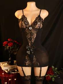 性感睡衣连衣裙，性感吊带睡衣，三件套：吊带连衣裙（带肩带）+ 丝袜 + 丁字裤，女士连体衣和性感内衣 - 黑色 - 查看 1