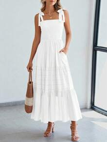 Women Summer Sleeveless Tie Shoulder Strap Smocked High Waist A-Line Long Maxi Dress Boho Beach Holiday Vacation Valentine Sundress With Pockets - trắng - Xem 5