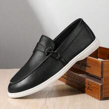 Preppy Office Men's Black Leather Slip-On Loafers, Soft Sole Comfortable Casual Shoes, Versatile Commuter Slouchy Shoes