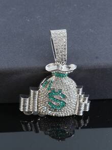 1 Set Fully Rhinestone Money Bag Pendant 15mm Rhinestone Cuban Link Necklace Bracelet, Men's Green Dial Watch, Hip Hop Style Men Accessory Set - Green - View 6