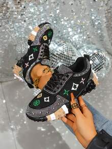 2026新款亮黑色水钻女士运动鞋，透气休闲厚底时尚百搭步行鞋 - 黑色 - 查看 8