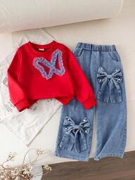 Conjunto de 2 piezas de top de manga larga con estampado de letras dulces y decoración de moño con strass, y pantalones largos de mezclilla para niñas jóvenes, para primavera/otoño