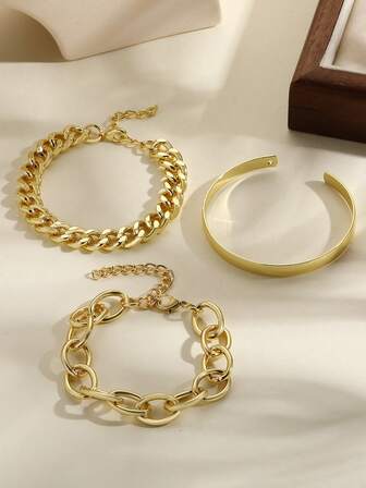 3pcs One Set Imple And Fashionable Metal Chain Open Bracelet Set For Women, Suitable For Daily Commuting