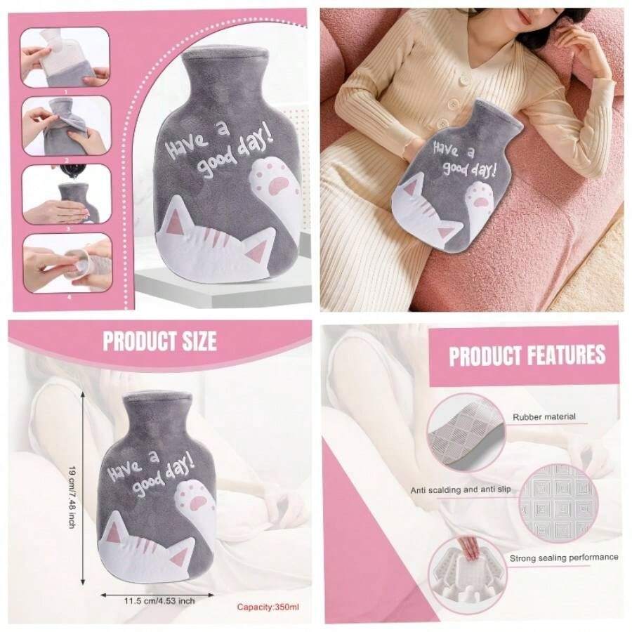 Bolsa de agua caliente calentador de manos y pies con funda terciopelo suave para dolores menstruales dolor cuello y hombros terapias fro/calor. - Gris - Ver 1