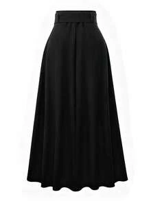 EARO Versatile Plus Size Long Fabric A-Line Skirt With Buckle Belt, Elegant Non-Stretch Black Mid-Length Skirt, Suitable For Office Everyday Wear - 黑色 - 查看 2