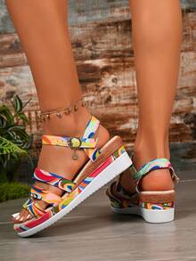 Damen Wasserdichte Plateau-Keilsandalen mit Gummizug, offene Zehenpartie, dicke Sohle, neue Sommer-Keilsandalen für Damen, rosa erhöhte Absätze mit Hohlmuster, mehrere Riemen, Schnalle, bunte Drucke, High Heels - Pink - Übersicht 4