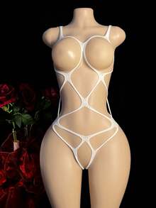 1件装女士夜光高弹力渔网连体衣，性感睡衣，发光网眼连体衣，适合角色扮演、夜店、俱乐部装扮、情人节内衣 - 白色 - 查看 3