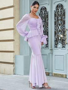 女士浅紫色美人鱼连衣裙，泡泡袖，荷叶边腰身设计，优雅适合晚宴、婚礼宾客等场合。 - 紫色 - 查看 5