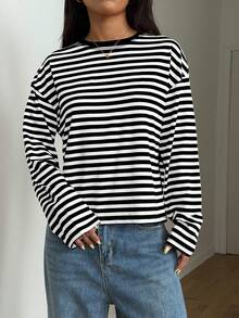 Women's Round Neck Drop Shoulder Long Sleeve Striped Contrast Ribbed Casual T-Shirt - Black and White - View 10