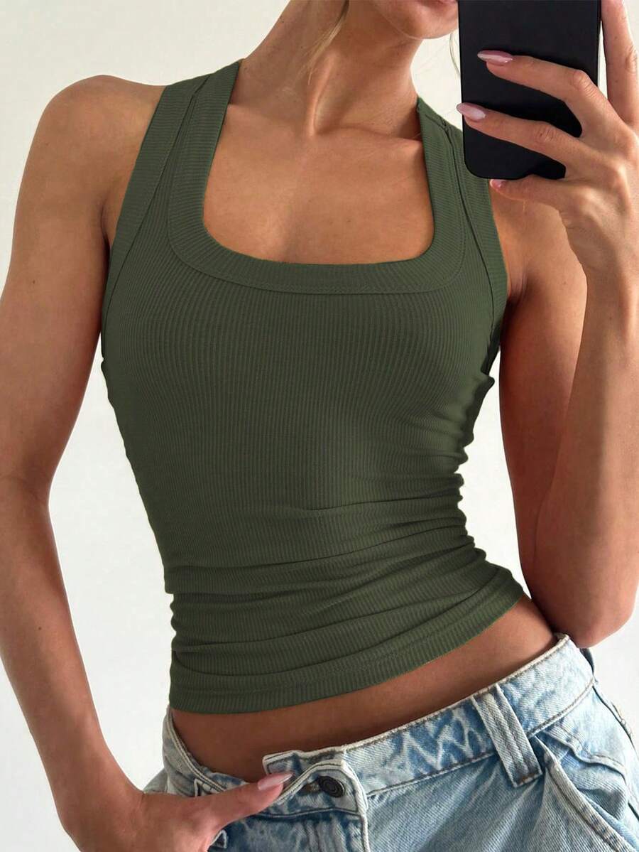 Áo camisole cổ vuông Floreya cho nữ, áo crop top sát nách ôm dáng casual, đa năng cho mùa hè, mùa thu & mùa xuân - màu xanh lá - Xem 1