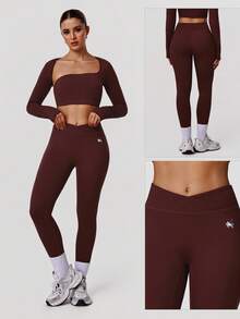 Sodalemon Women Cross Waist Fitness Leggings Training Yoga Gym No Front Seam Tights Elastic Running Sport Leggings - Burgundy - View 10