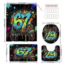 1/3/4pcs Gaming Controller Graffiti Number 67 Shower Curtain Bathroom Sets,Cool Gamer Waterproof And Wear-Resistant Accessories,With 12 Hooks - Includes Toilet Seat Cover, Bath Mats, And Rugs - Plastic Fabric - Washable,Mildew-Resistant - Perfect For Holiday Decor,Home/Bedroom/House/Western/Spring Decor,