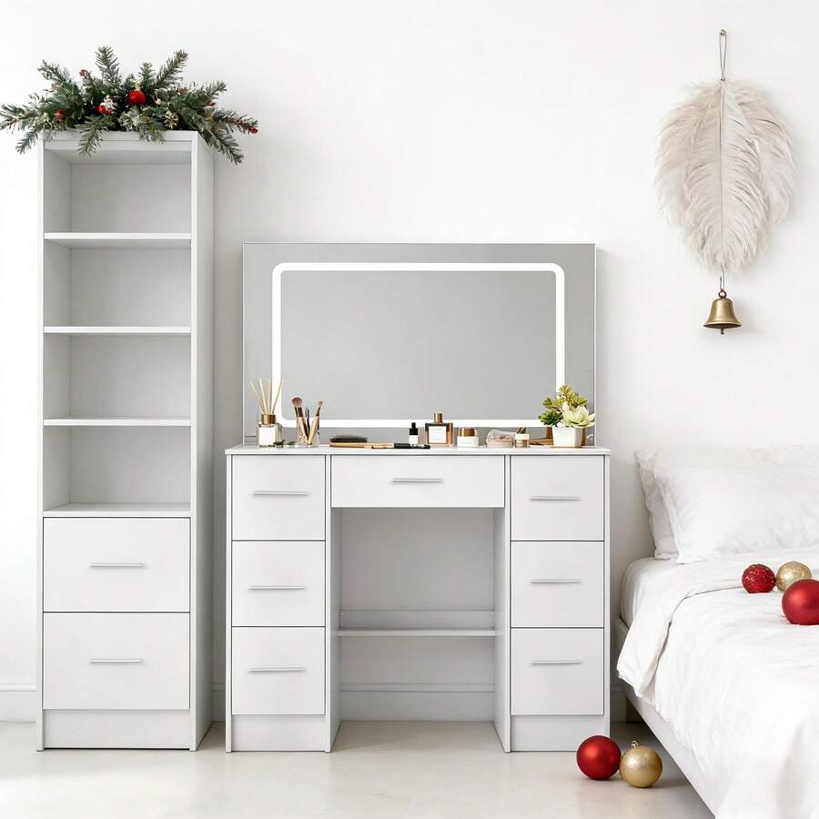 [Christmas Gift] Elegant Dressing Table With Mirror, Featuring Multiple Drawers For Versatile Storage. Spacious Compartments, Three-Colour Makeup Mirror With Adjustable Brightness. Multi-Tiered Vanity Unit For Bedroom Use - trắng - Xem 1