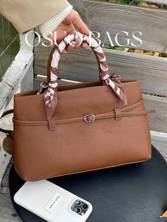 Bolso de mano grande de estilo vintage de unicolor de cuero de PU con diseño exclusivo, decorado con bufanda, versátil para uso diario, de compras, al aire como bolso de hombro o bandolera, apto para otoño/invierno