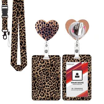 1pc (Card Holder + Badge Clip + Lanyard) Leopard Print Heart-Shaped ID Badge Reel, Shiny Badge Holder With Rotating Clip, Nurse/Medical ID Card Holder, Detachable Keychain Lanyard, Medical Assistant Badge Buddy, Vertical Name Card Protector For Office, Teachers, Medical Personnel