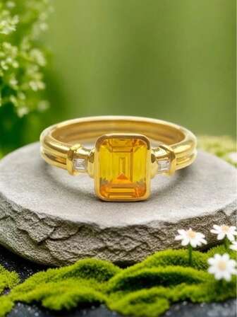 1pc Elegant Golden-Tone Ring With Sparkling Yellow Cubic Zirconia,Perfect For Engagement,Wedding,Cocktail,Valentine's Day Gift For Her(No Box)