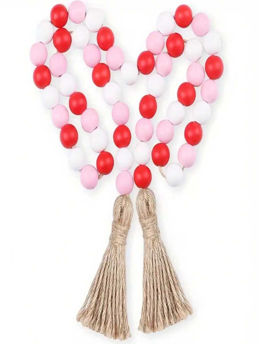 1pc Valentine's Day Tassel & Wooden Bead Wreath Tiered Tray - Multi-Color Wooden Bead Wall Decor, Modern Bead Hoop Suitable For Home, School, Party Decoration - Valentine's Day Gift - Multicolor - View 1