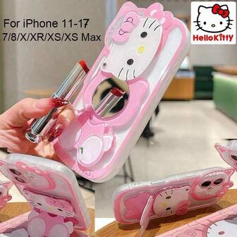Sanrio Hello Kitty Bracket Rotatable Makeup Mirror Phone Case Compatible With Iphone 17/16/15/14/13/12/11/8/7/Pro/Plus/X/Xr/Xs/Max, High-End And Luxurious Feel,Cute Cartoon Anti-Fall, Thin, Simple And Stylish, Friction-Resistant, Anti-Fingerprint, Anti-Fall, Transparent Makeup Mirror Phone Case Protective Cover For Women Pink