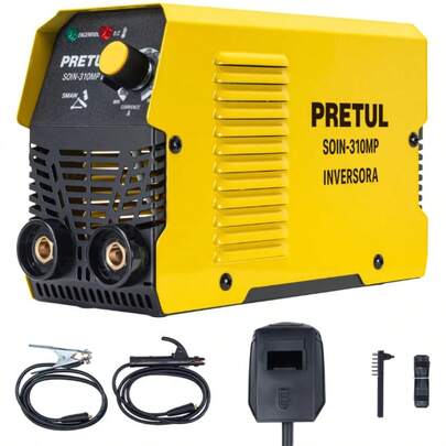 Mini soldadora inversora 100A, 127V, Serie 300, PRETUL Ligera, compacta y fácil de transportar, más eficiente (mayor ciclo de trabajo) y con menor consumo eléctrico que una soldadora convencional  Para proceso de soldadura de electrodo revestido (SMAW- MMA)  Voltaje de alimentación: 1 Fase (127 V)  Rango de corriente: 1 Fase (20 A - 100 A)  Bornes de cambio rápido: 3/8"  Corriente máxima  100 A CD  Ciclo de trabajo  60% (6 minutos de trabajo por 4 minutos de descanso)  Voltaje de circuito abierto  82 V CD  Rango de corriente  1 FASE (20 A - 100 A CD)  Largo de cable  2 m (6.6 ft)  Peso  2.4 kg (5.2 lb)  Bornes  3/8"  Alimentación  1 FASE (127 V CA / 28 A / 50 - 60 Hz)  Potencia  3.5 kVA  Tipos de electrodo  6013, 6011 y 7018  Dimensiones (Base x Alto x Fondo)  10 cm x 15 cm x 24 cm Cable con pinza para tierra 1.9 m Cable de alimentación con clavija 2 m (6.5 ft)  Cepillo de alambre  Cable con pinza portaelectrodo 1.8 m (5.9 ft), #5 AWG (16 mm²)  Careta protectora  Correa
