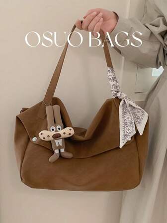 1pc Women's Large Capacity One Shoulder Underarm Bag, PU Leather Casual Commuter Bag With Scarf Decor, Vintage Pleated Handbag, Folding Fan Shape, With Cartoon Pendant Gift