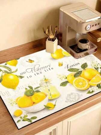 1 Stück Zitronen-Muster Spülbecken Abtropfmatte, super saugfähig, dekorativ für Arbeitsplatte & Tischplatte, Frühlings-/Sommer-Blumen- & Zitronen-Abtropfmatte, waschbar & faltbar, schnell trocknend, schimmelbeständig