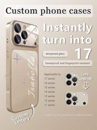 1pc Customized Large Name Design Rose Gold Luxury Fashion Large Window Tempered Glass With Lens Protection Matte Anti-Drop Phone Case Compatible With Iphone 17/17Pro/17ProMax/17Air/16/16Pro/16ProMax/16Plus/15/15Plus/15Pro/15ProMax/14/14Plus/14Pro/14ProMax/13/13Pro/13ProMax/12/11 Phone Accessories, Full Coverage High-End Protective Cover