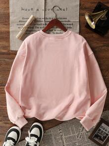 女童印花圆领保暖套头卫衣，适合上学和秋冬季穿着 - 粉色 - 查看 3