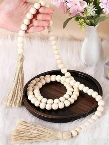 1件木珠花环，配以黄麻流苏 - 优雅的米色和奶油色设计，适用于家居装饰、节日餐桌摆设和季节性庆祝活动 - 非常适合冬季、新年和DIY珠宝配件、节日派对装饰|优雅的流苏设计|天然木珠饰品、家居装饰、客厅配件