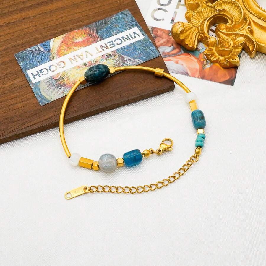 18K Gold Plated Stainless Steel Natural Stone Beaded Bracelet, Minimalist High-End Accessory Suitable For Women's Daily Wear Or Holiday Gifts - Phosphate Gold - View 1