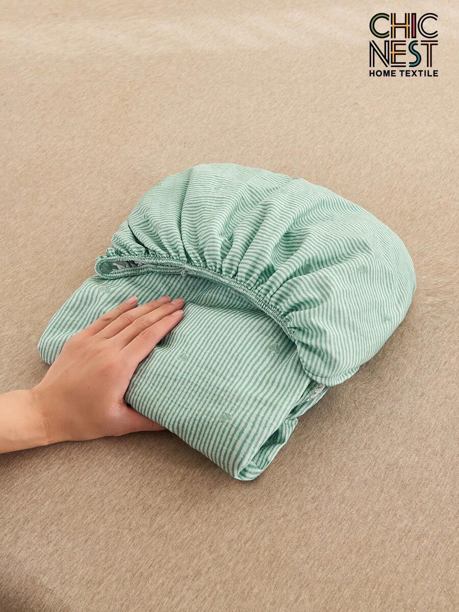 1件浅绿色条纹心形几何图案床笠床垫保护套，床垫罩，床单套装，柔软透气，适用于各种尺寸的床——单人床、双人床、特大号床、大号床，深口袋设计，最大可达11.8英寸，家用纺织品，适合学校、宿舍、床铺、床罩，透气防皱，提升睡眠质量，可机洗 - 淡綠 - 查看 1