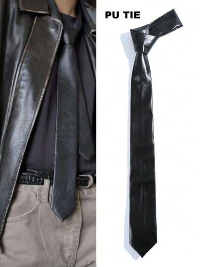 Enfärgad slips i PU-läder, handgjord smal slips i vintagestil, lämplig för affärer, fester, banketter