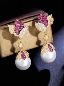 1 Pair Hot Pink CZ Flower & Leaf Long Drop Pearl Dangle Earrings, Gold Plated Cubic Zirconia Jewelry For Brides, Bridesmaids, Engagement Party, Prom, Women, Girlfriends, Wife Gift