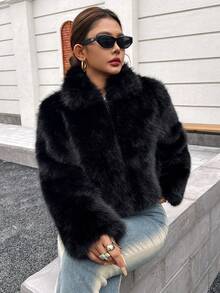 山茶花新款秋冬女装时尚休闲简约仿皮草效果外套 - 黑色 - 查看 5