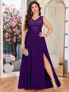 Plus Deep V Neck Sequin Floral Lace Sleeveless Chiffon Split Thigh Hem Formal Party Maxi Dress - 紫色 - 查看 4