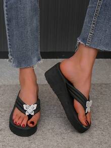 Women's Summer New Non-Slip Thick Bottom Beach Slippers, Wedge High Heel Thong Sandals, Suitable For Outdoor Beach Weddings - White Rhinestone Butterfly - View 3