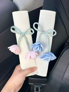 1-2pcs Blue & Pink Rose Chiffon Car Seat Belt Shoulder Pads, Automotive Accessories For Women