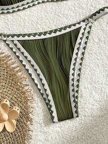 Bikinx 女士性感露背纹理比基尼套装，撞色包边和俏皮下装，高弹力细肩带泳衣