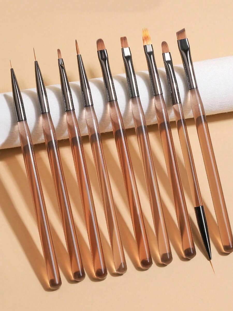 9支/套 专业UV凝胶美甲笔勾线笔 DIY绘画笔 美甲亚克力绘图笔 美甲设计 指甲尖展示 绘画工具配件 - 棕色 - 查看 1