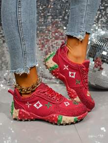 2026春季新款水钻装饰红色女士运动鞋，透气休闲厚底鞋，时尚百搭派对鞋 - 紅色 - 查看 5