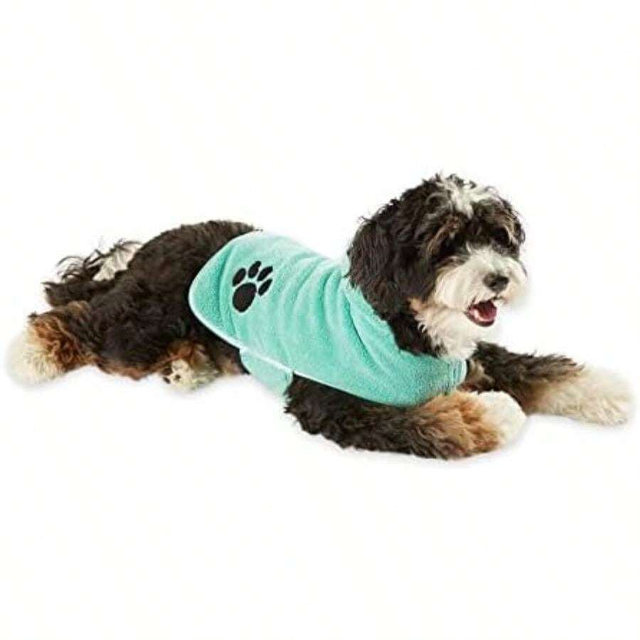 Bone Dry Colección Pet Robe - Bata de baño de Microfibra Absorbente Bordada con Cierre Ajustable, para Perros y Gatos, Talla S, Color Aguamarina(Pequeño Aqua) - Multicolor - Ver 1
