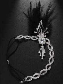 1件银色法式新娘水钻链条黑色羽毛头箍，用途广泛，适用于舞会、婚礼、派对、头饰、头部饰品 - 銀色 - 查看 5