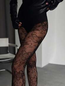 1 pieza Medias de mujer de malla jacquard, pantimedias de estilo francés elegante con alta elasticidad, para verano - Negro - Ver 1