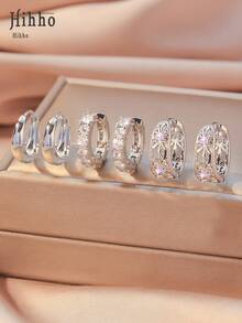 Hihho 6pcs/Set Colorful Zirconia Inlaid Clip-On Earrings, Classic Retro Design Zirconia Earrings, Lightweight Luxury Minimalist Earring Set, Suitable For Daily Stacking Or Single Wear, Best Gift For Friends - Silver - View 9