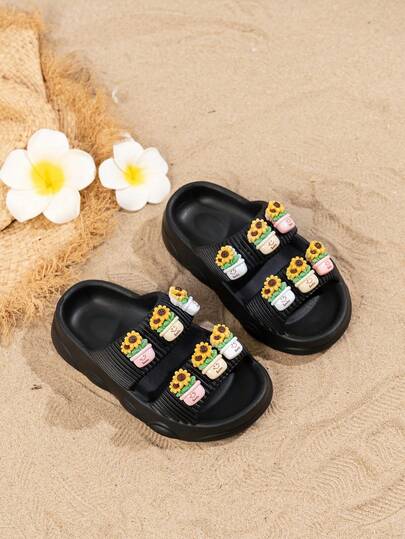 1 Pair Unisex Baby/Toddler Casual EVA Non-Slip Comfortable Cute Simple Sunflower Slip-On Slippers, For Indoor & Outdoor Use