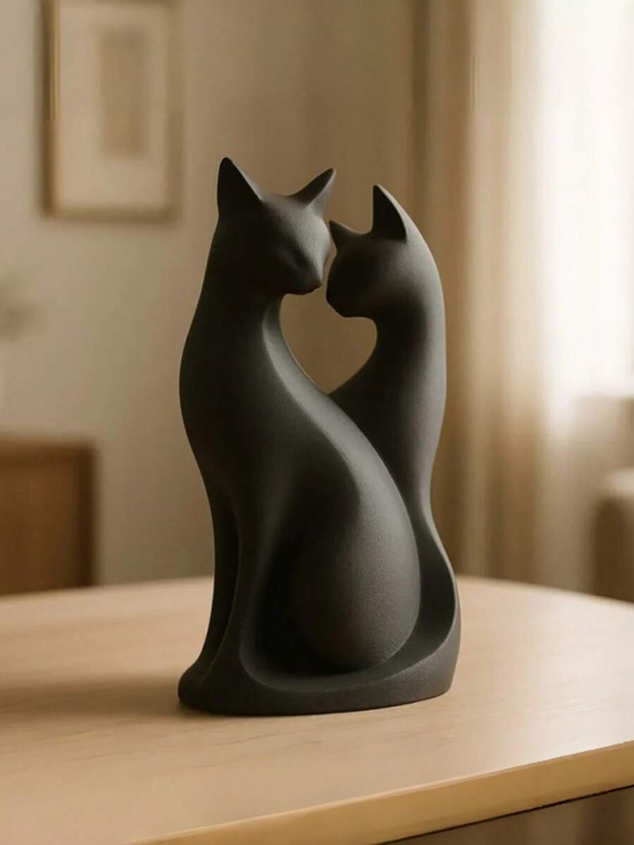 3D打印哑光黑优雅猫咪雕像摆件，适合摆放在卧室床头柜、梳妆台、客厅或办公室，作为中心装饰品。是送给情侣、爱猫人士和当代艺术爱好者的绝佳礼物。 - 黑色 - 查看 1