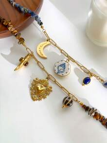 Monlansher Nouveau collier pour femme avec pendentifs multiples en perles de pierre, orné de cœurs, de lunes et d'hexagones. Un bijou polyvalent à porter au quotidien. - Doré - Voir 6