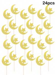 12/24 unidades de enfeites para cupcakes do Eid, tema lua e estrela, para decoração de bolos do Eid e do Ramadã, ideais para festas e eventos. - Ouro - Ver 8