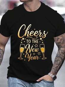 Camiseta de Año Nuevo para Hombre Impresa en 3D con Copas de Champán y "Saludos al Año Nuevo" - Cuello Redondo, Manga Corta, Transpirable, Negra y Camiseta de Fiesta para Celebraciones de Año Nuevo, Adecuada para Todas las Estaciones - Negro - Ver 2