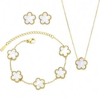 3件套316L不锈钢奢华梅花五瓣花女士项链、耳环和手链套装 - 适合日常佩戴、婚礼和节日的珠宝礼品。