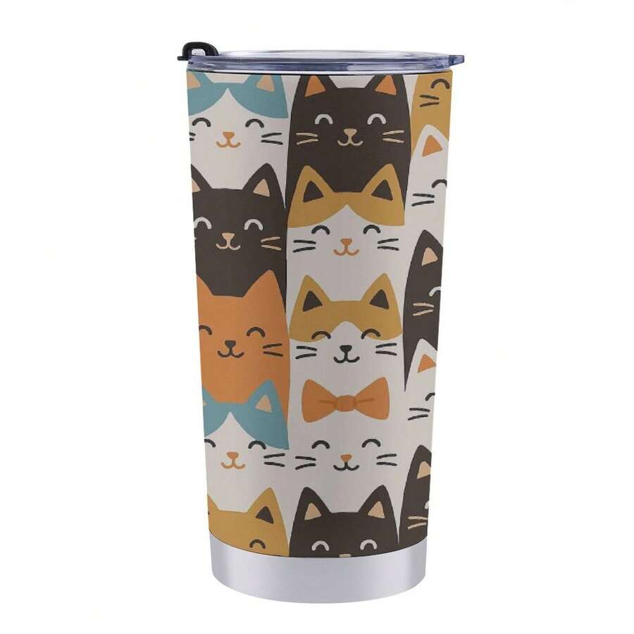 Cute Cat Pattern Stainless Steel Cup With Lid - Keeps Drinks Hot And Cold For Hours, Suitable For Coffee, Gym, Office, Camping, Car-Cat Lovers, Office Drinking Utensils, Fun Design, Durable Construction, Reusable Drinking Utensils, The Perfect Gift For Fitness Enthusiasts (Without Straw) - 貓 - 查看 1